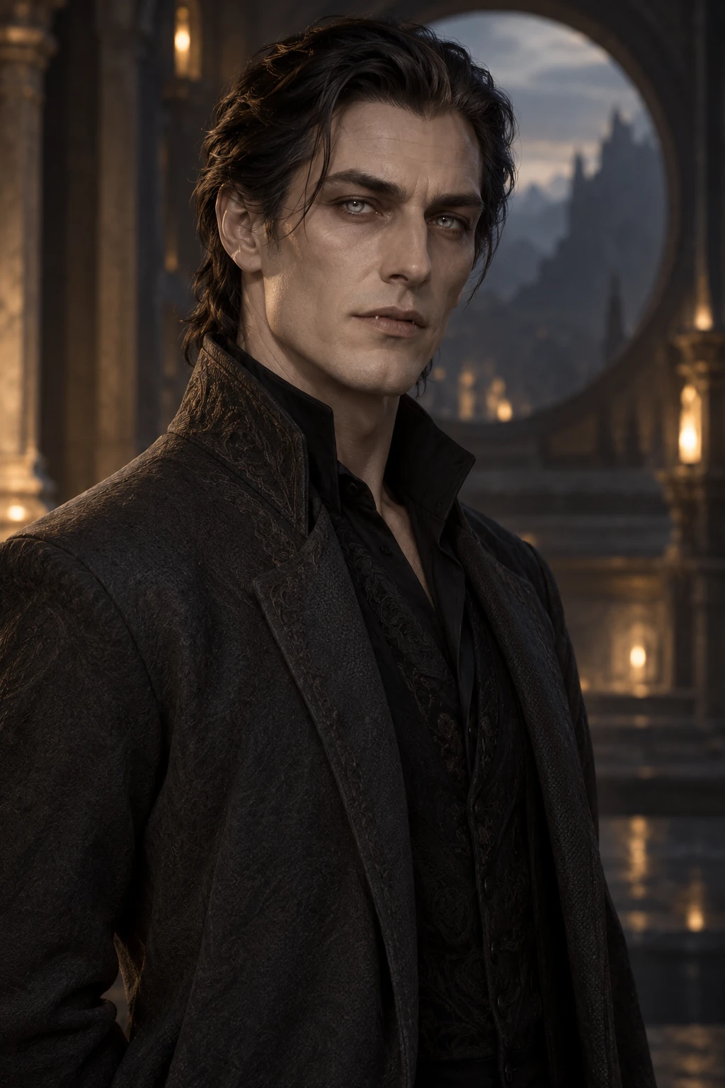 An ancient Aethari with human-like features, dark hair, and pale eyes