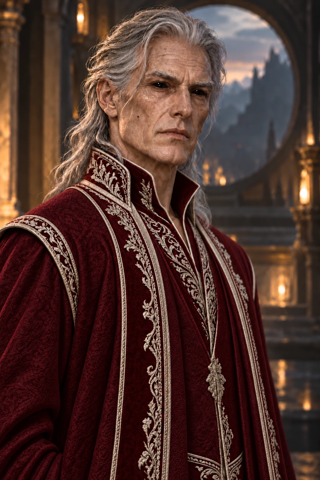 An elderly Aethari with silver-white hair, a deeply lined human-like face, and entirely black eyes