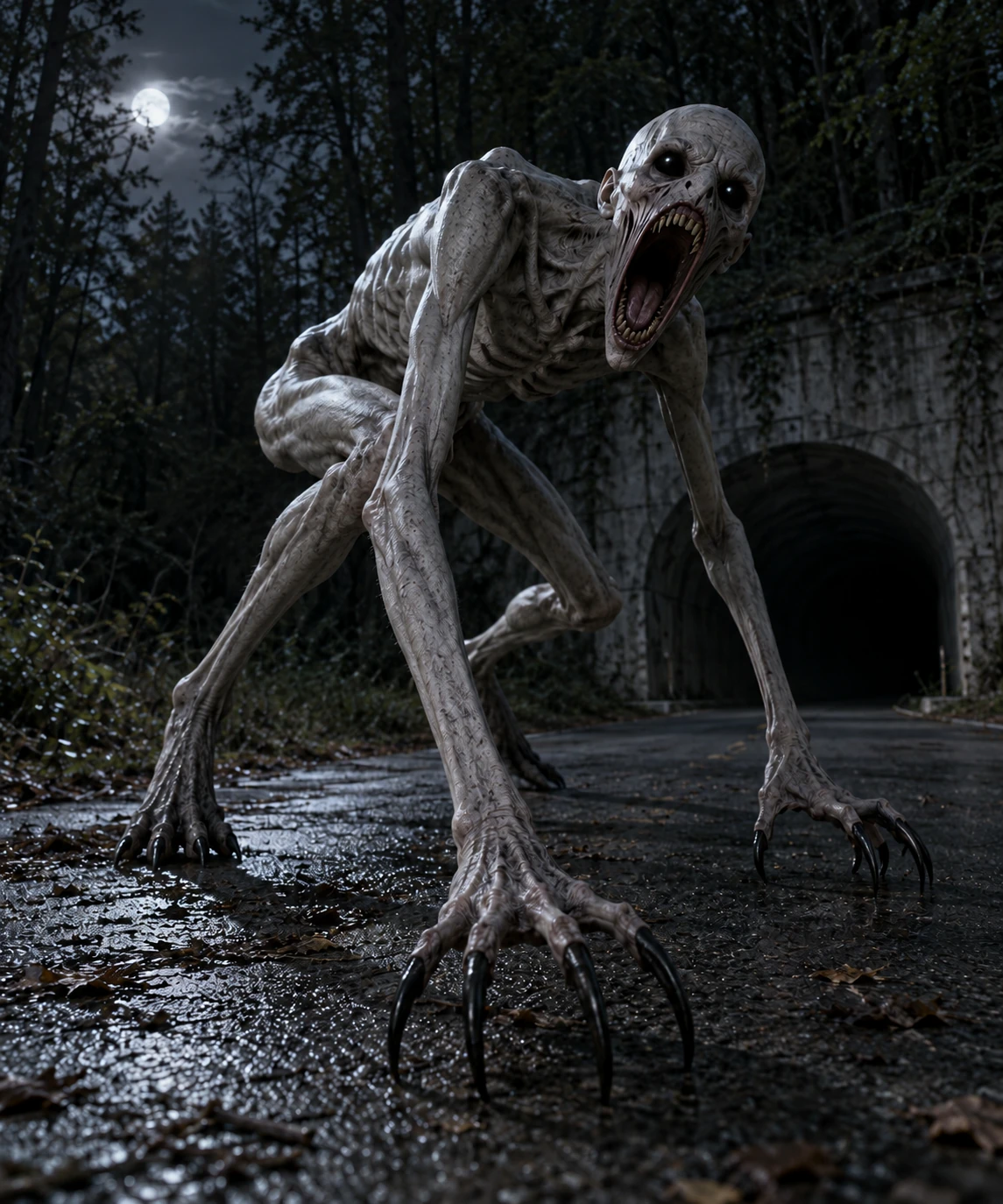The Hollow, a pale creature with black eyes and long claws, outside a tunnel at night