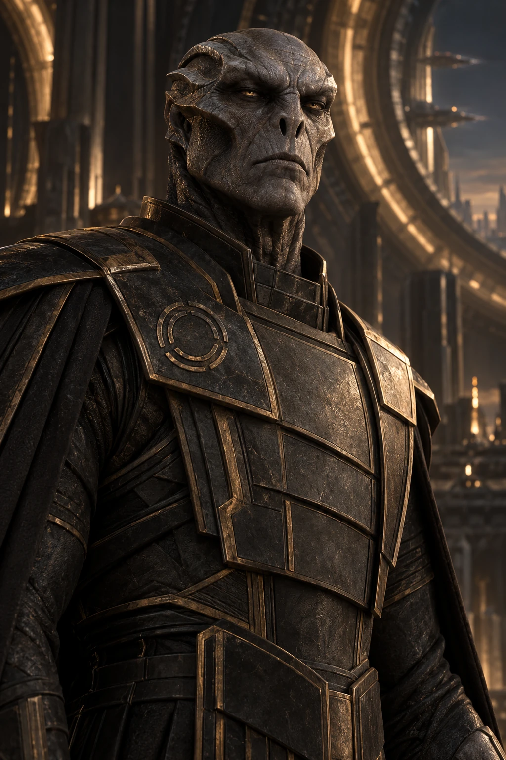 A Kharveth of the First Bloodlines in dark armor with aged bronze detailing