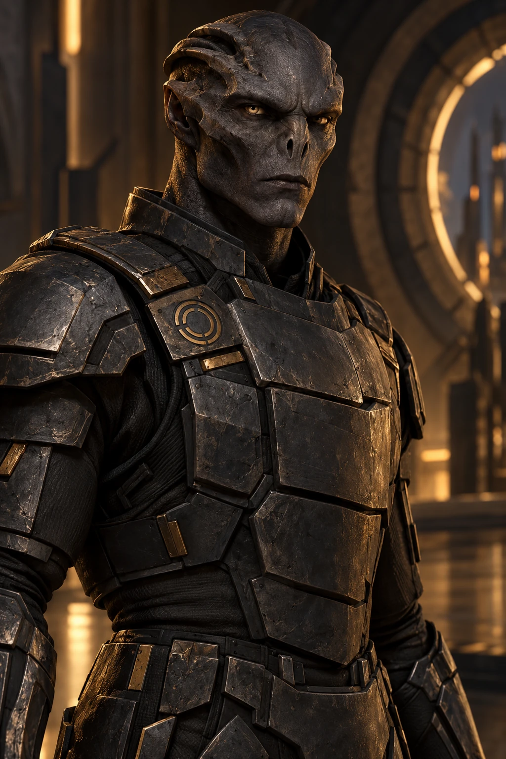 A Kharveth Lesser Bloodline soldier wearing practical dark armor