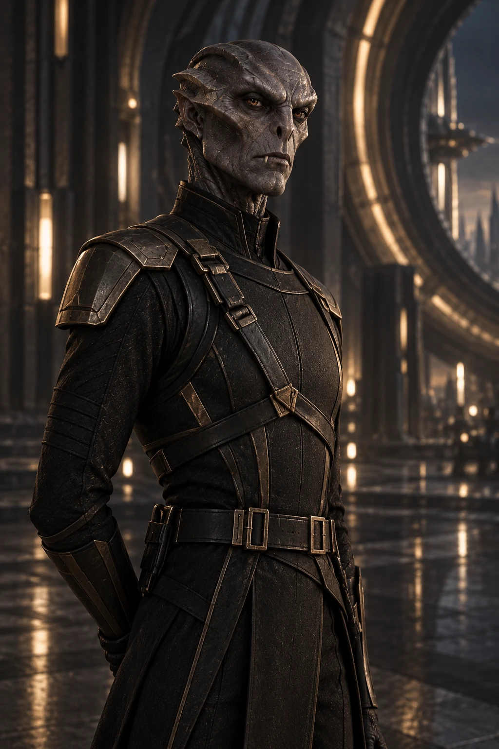 A Kharveth Noble Bloodline commander wearing disciplined dark military armor