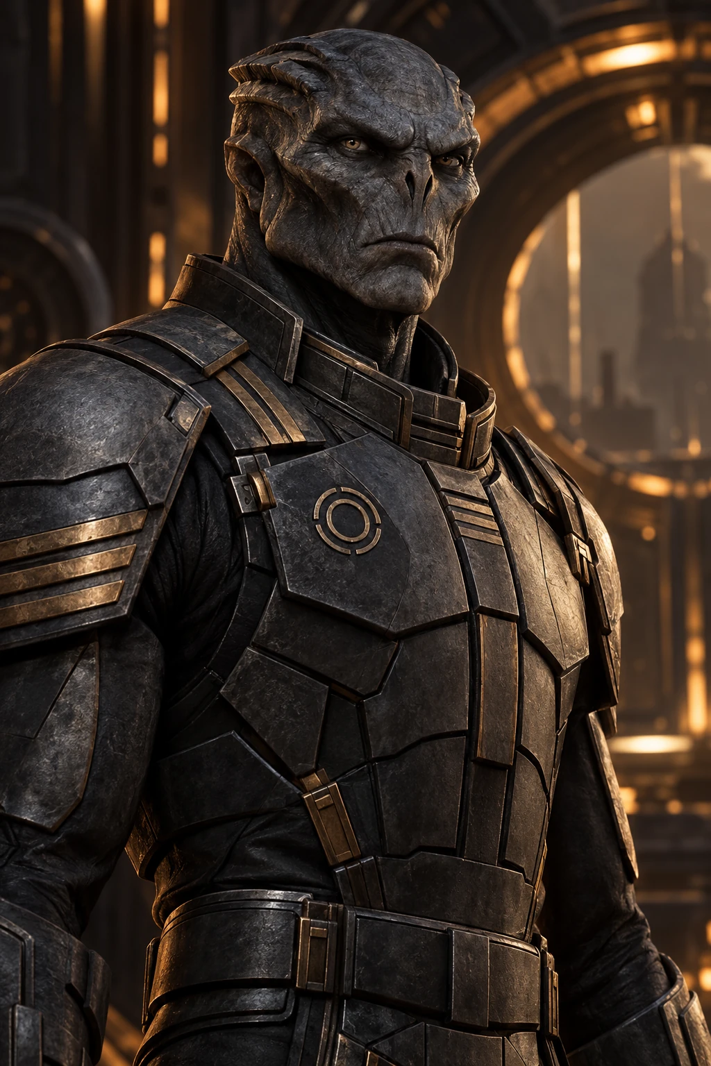 A Kharveth Noble Bloodline commander wearing disciplined dark military armor