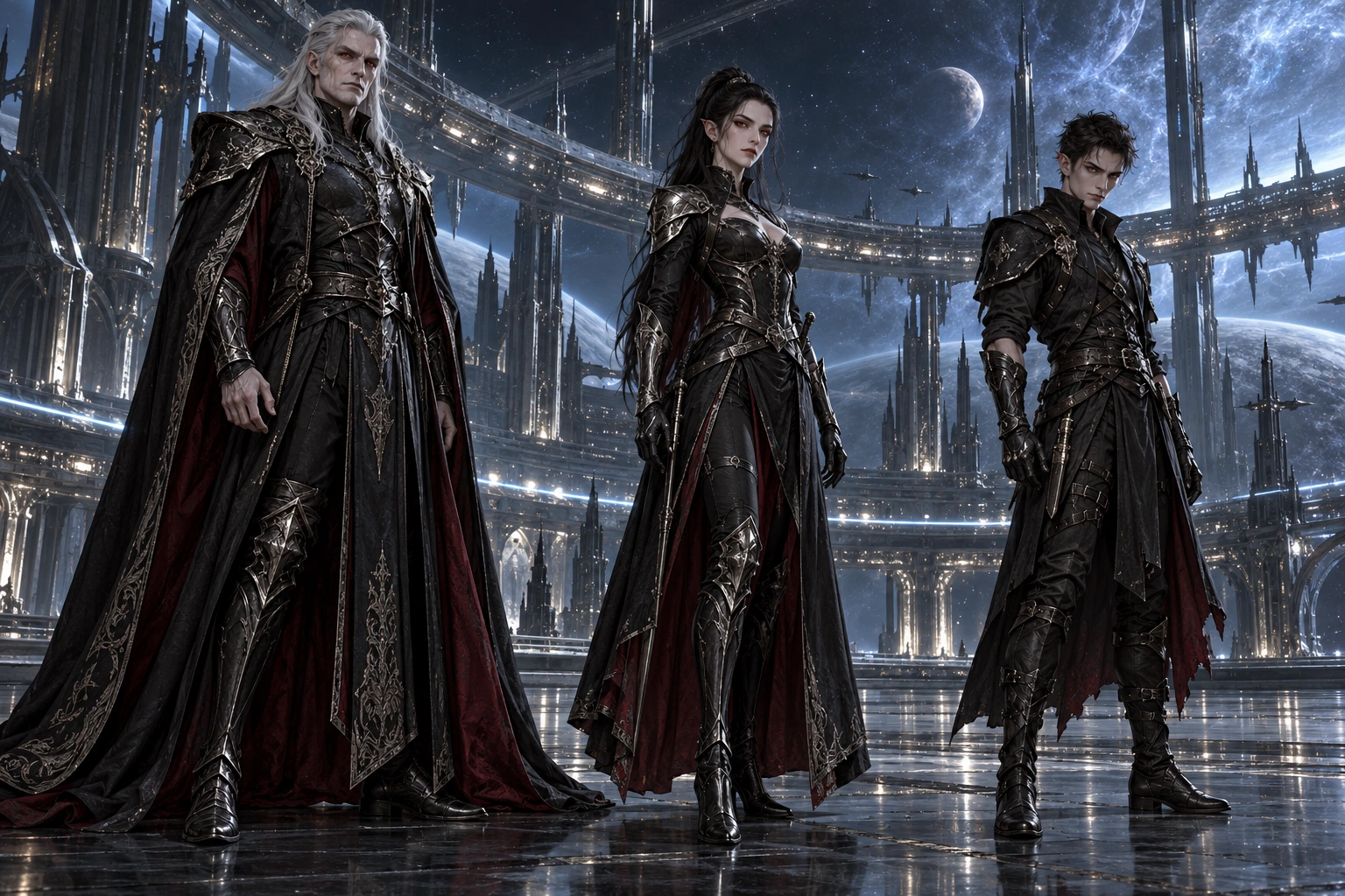 Three members of the Kharveth race, pale vampire-like guardians in dark armor at an ancient Starbridge station