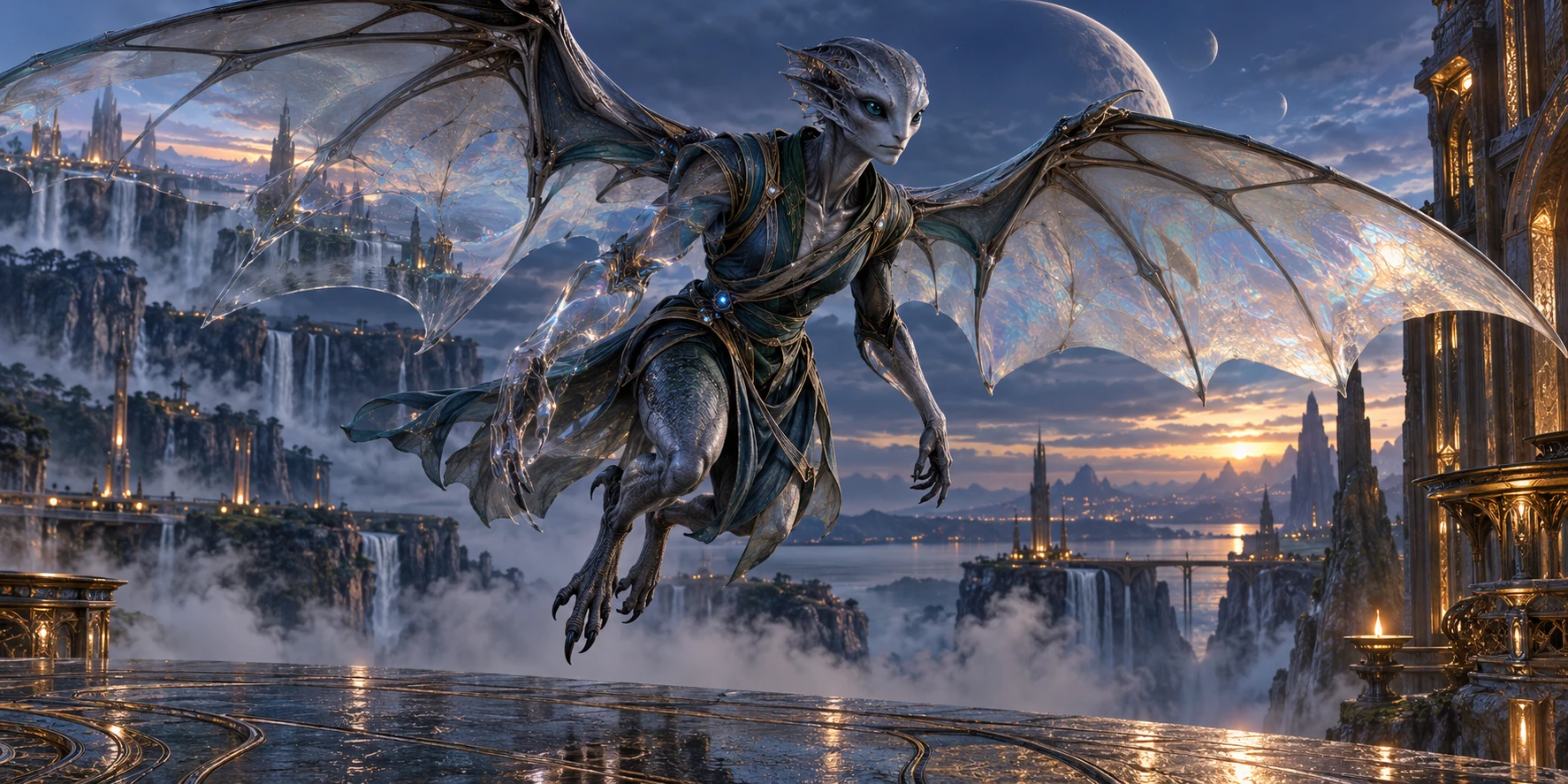 An Orathi in flight with natural membrane wings and light-bending clothing partially concealing its arm and side