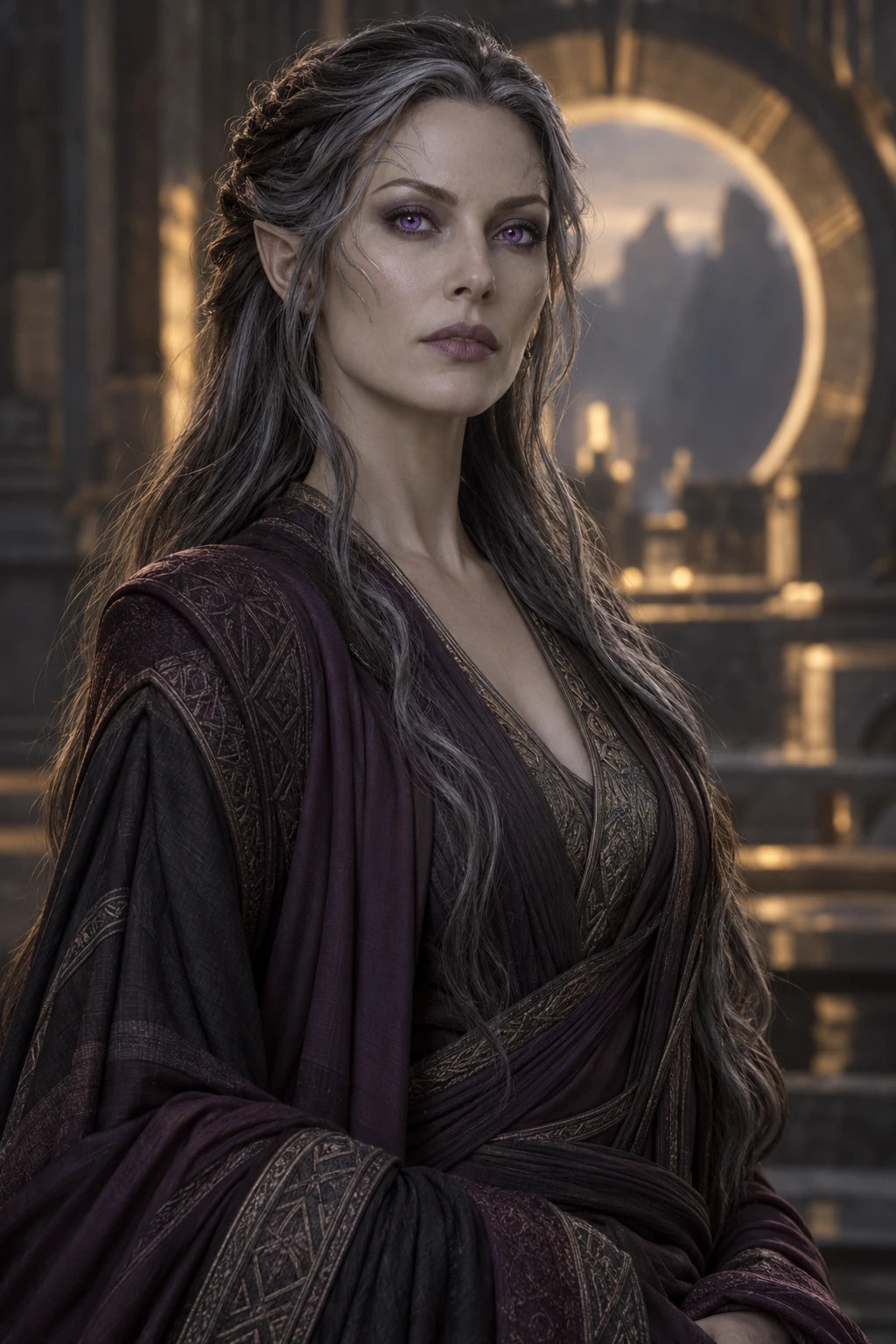 An ancient Velthari woman with violet eyes and long dark silver hair